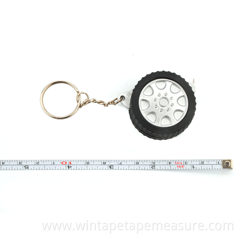 Custom logo printed tire shape measuring tape advertising plastic keychain with mini steel tape measure for promotional gift